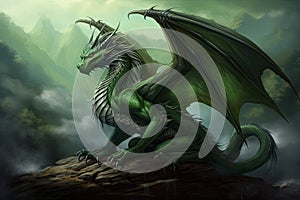 A green dragon is sitting with his wings open, symbol of the year 2024 according to the Chinese calendar