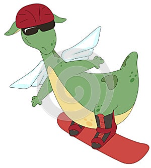 Green dragon snowboarding. Vector illustration