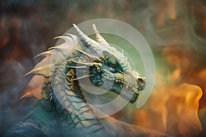 a green dragon statue with smoke coming out of it\'s mouth and eyes, with a black background and a yellow and green