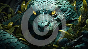 a green dragon statue with yellow eyes surrounded by green plants. generative ai