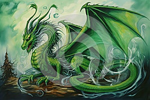 A green dragon, symbol of the year 2024, his wings are ready to fly.