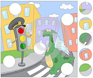 Green dragon and traffic lights on the road. Complete the puzzle and find the missing parts of the picture. Game for kids