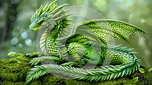 A green dragon with wings sitting on the moss in the forest in fantasy art style.