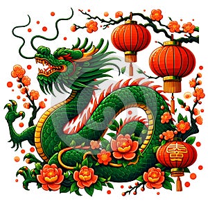 A green dragon in wood element, with apricot flower petals and red lampions, in cartoon style, chinese zodiac, spring time