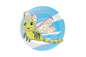 A green dragonfly green eyes and yellow purple wings with sky background design animal cartoon