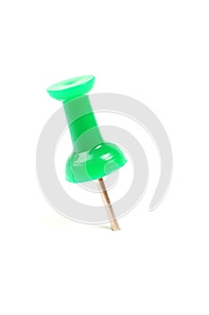 Green push pin pushpin drawing thumbtack thumb tack isolated on white office pinned attach attached board clip button attachment photo