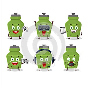 Green drink bottle cartoon character are playing games with various cute emoticons