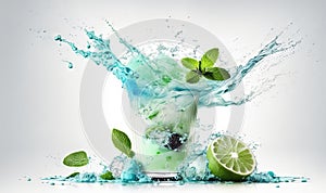 a green drink with mints and limes splashing out of it