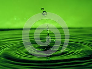 A green drop drips into the water and creates splashes of various shapes