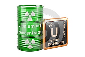 Green drums full of uranium ore with chemical element icon uranium U, 3D rendering