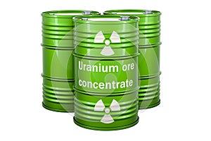 Green drums with uranium ore concentrates, 3D rendering isolated