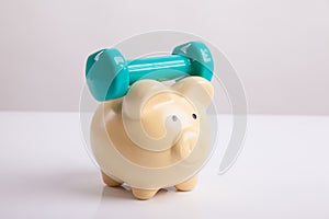 Green dumbbells with piggy bank for health insurance concept