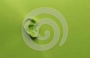 Green ear on a green background, health care or alertness concept, 3d render