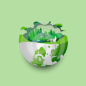 Green earth of eco friendly city and urban forest landscape abstract background.Renewable energy for ecology and