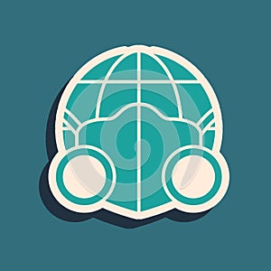 Green Earth globe with medical mask icon isolated on green background. Long shadow style. Vector.