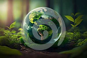 Green earth globe on moss in forest. Generative ai design concept art