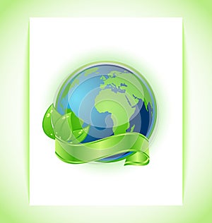 Green earth with leaves wrapped ribbon isolated