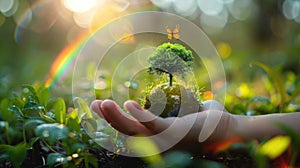 Hand Holding Green Globe with Butterflies and Rainbow, Symbolizing Planet Environment Concept with Tree