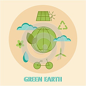 Green earth. Vector flat illustration environment. Icons preserve nature, save energy. Go green. Eco-friendly. Save the planet.