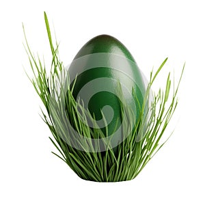 Green easter egg in grass isolated on a white background.