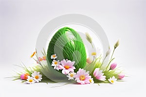 Green easter egg on green grass with spring flowers