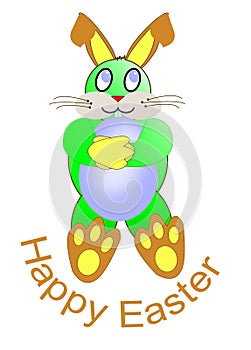 A green Easter rabbit holding an egg for greetings card