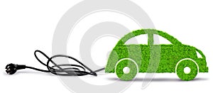 Green eco car with electric plug on white background.