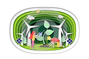 Green eco city and clean energy on green layer template background paper art style