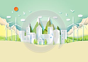 Green eco city and environment concept paper art style.