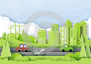 Green eco city with environment and ecology concept paper art st