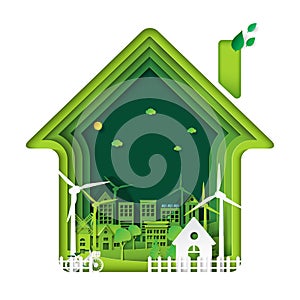 Green eco city with house and tree abstract paper art