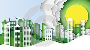 Green eco city landscape background template paper art style