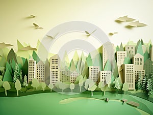 green eco city on nature background. paper art style. alternative energy and ecology conservation concept.Banner