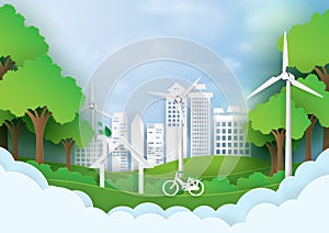 Green eco city with nature background template paper art style