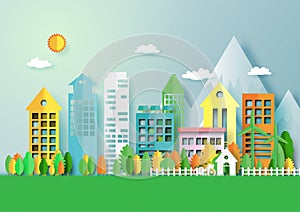 Green eco city with nature landscape background