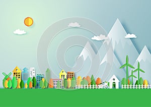 Green eco city with nature landscape background