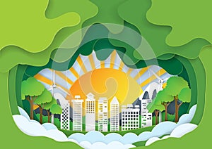 Green eco city paper art background