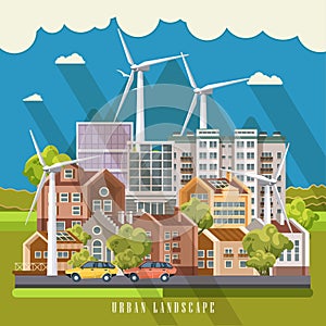 Green eco city vector concept with wind power station. Infographic with set of buildings and infrastructure.