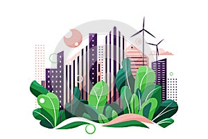 Green eco city vector illustration. Ecology background with skyscraper cityscape, park tree landscape, sun and wind