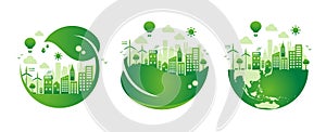 Green eco city vector illustration set  ecology concept , nature conservation