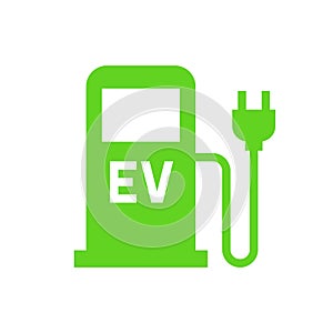 Green eco electric fuel pump icon, EV car charging point station for hybrid vehicle