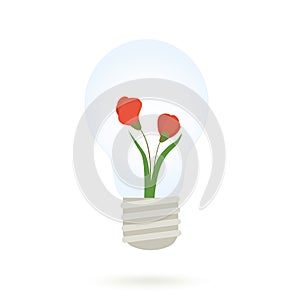 Green eco energy. Beautiful red flowers growing in light bulb on white background, creative illustration