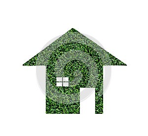 Green eco energy concept. House made of green grass on white background