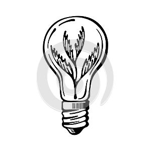 Green eco energy concept, plant growing inside the light bulb. Hand-drawn icon vector isolated on white background