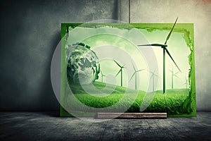 Green eco energy concept with wind turbines and planet earth in grunge room