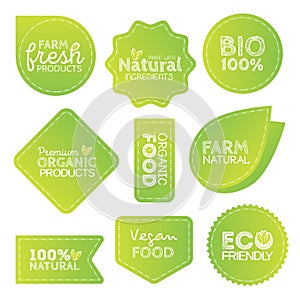 Green Eco Food Labels. Health Headings. Vector Illustration Collection