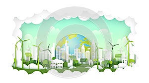 Green eco friendly city in the cloud paper art style