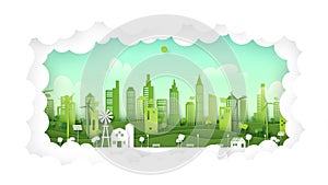 Green eco friendly city on natural background.Ecology and environment concept paper art style