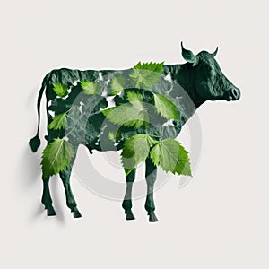 Green eco friendly cow silhouette from the leaves. Beautiful colorful illustration. style. Generative AI