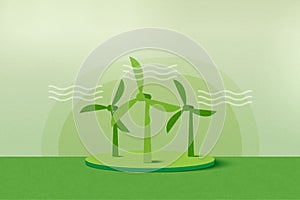 Green eco friendly landscape background.Green energy with wind turbine.Paper art of ecology and environment concept